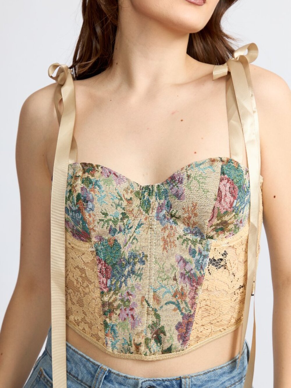 Women’s Floral Lace Corset Crop Top with Lace-Up Back